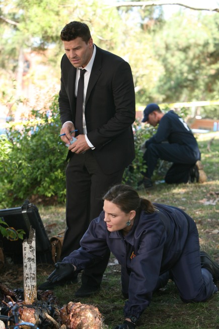 BONES:  Brennan (Emily Deschanel, R) and Booth (David Boreanaz, L)