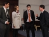 BONES:  L-R:  Booth (David Boreanaz), Brennan (Emily Deschanel) and Sweets (John Francis Daley) meet with Dr. Copeland (guest star Joshua Malina, R) when they investigate the the murder of man who was committed to a mental-health facility in the BONES episode "The Devil in the Details" airing Thursday, Feb. 4 (8:00-9:00 PM ET/PT) on FOX.  ©2010 Fox Broadcasting Co.  Cr:  Greg Gayne/FOX