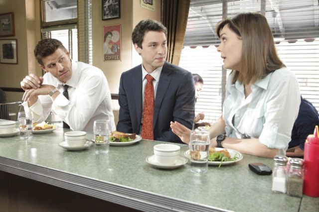 BONES:  L-R:  Booth (David Boreanaz), Sweets (John Francis Daley) and Brennan (Emily Deschanel) discuss details of their latest case in the BONES episode "The Couple in the Cave" airing Thursday, Sept. 30 (8:00-9:00 PM ET/PT) on FOX.  ©2010 Fox Broadcasting Co.  Cr:  Adam Taylor/FOX