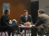 BONES:  Brennan (Emily Deschanel, L) and Booth (David Boreanaz, C) question toy company employee (guest star John Ross Bowie, R) in