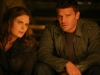 BONES:  Brennan (Emily Deschanel, L) and Booth (David Boreanaz, R) take refuge in a tornado shelter when they investigate the murder of a