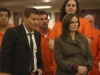 BONES:  Brennan (Emily Deschanel, R) and Booth (David Boreanaz, L) investigate a murder that took place in a prison in "The Prisoner in the Pipe" Spring Premiere episode of BONES airing Monday, April 2 (8:00-9:00 PM ET/PT) on FOX.  ©2012 Fox Broadcasting Co.  Cr:  Patrick McElhenney/FOX