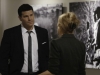 BONES:  Booth (David Boreanaz, L) questions a art gallery owner (guest star Annie Fitzgerald, L) about  chilling images which depict the victims childhood in Sierra Leone in the