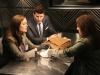 BONES:  Brennan (Emily Deschanel, L) and Booth (David Boreanaz, C) interview a woman (guest star Rona Benson, R) whom they suspect may be involved in the death of an ex-military officer in the