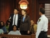 BONES:  While investigating the murder of a TV producer, Booth (David Boreanaz, L) and Brennan (Emily Deschanel, R) attend a taping of the courtroom show on which she worked in the