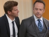 BONES:  Booth (David Boreanaz, L) takes a suspect (guest star Gil Bellows, R) into custody in the "The Money Maker on the Merry-Go-Round" episode of BONES airing Thursday, Nov. 13 (8:00-9:00 PM ET/PT) on FOX.  ©2014 Fox Broadcasting Co.  Cr:  Patrick McElhenney/FOX