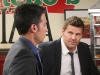 BONES:   Booth (David Boreanaz, R) and Aubrey (John Boyd, L) question the employees of a pizza parlor in the Season Finale "The End in the End" episode of BONES airing Thursday, June 11 (8:00-9:00 PM ET/PT) on FOX.  ©2015 Fox Broadcasting Co.  Cr:  Patrick McElhenney/FOX
